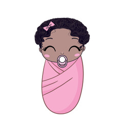 Cute baby girl sitting and smiling. Active dark skin baby of 3-12 months dressed in baby clothes. First years baby development. African ethnicity child. Vector illustration in pastel colors.