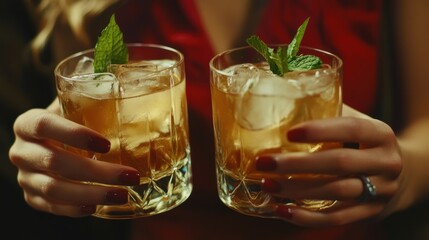 Two Golden Cocktails with Mint Garnishes Held by a Woman in a Red Dress