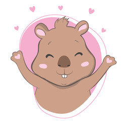 Fototapeta premium Cute cartoon capybara with hearts isolated on a white background, vector illustration.