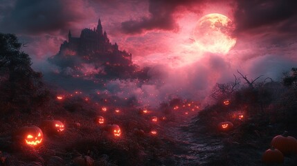 Fototapeta premium A spooky landscape with glowing jack-o'-lanterns and a haunted castle under a blood-red moon.