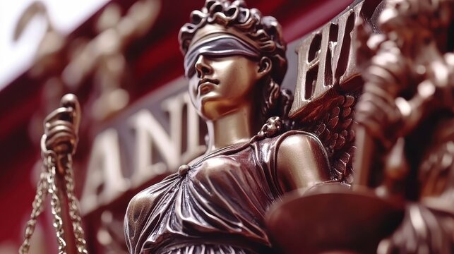 Close-up of Lady Justice statue holding scales and sword. Symbolizes law fairness equality. Ideal for legal websites articles blogs social media posts promoting justice related content.