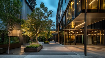 Modern city courtyard at dusk, illuminated trees and buildings.