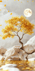 Yellow tree against golden stone background