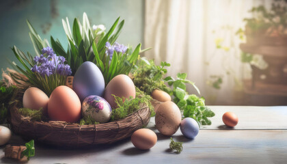 easter heritage with eggs and spring plant life