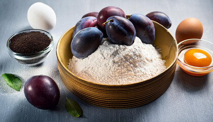 Fototapeta premium ingredients for plum cake made of flour eggs and fruits