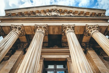 Fototapeta premium Classical building facade, three large columns, ornate details.