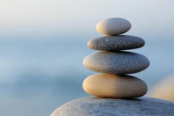 Balanced stones, serene ocean backdrop.