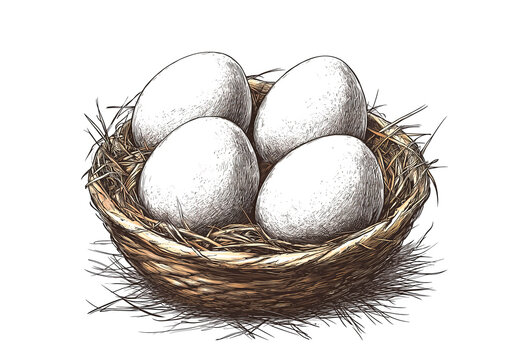 Nest with eggs, sketch. Vintage retro print, hand-drawn illustration nest, eggs, engraving, detailed drawing, eggs nest. Black ink, simple lines, sketch style, line art, graphic design. Illustration