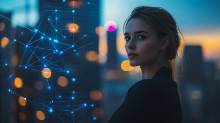 Obraz premium Abstract business woman stands on the peak of success amid tall, innovative Smart city and graphs with statistics to analyze business potential and predict future developments in company growth.