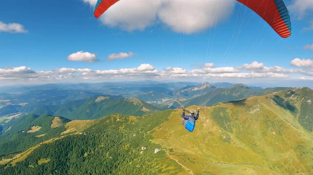 Flying adrenaline adventure above green mountains in sunny summer with fluffy clouds sky, Paragliding freedom