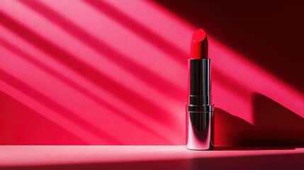 Obraz premium Stunning Red Lipstick Standing Against Vibrant Background with Striking Light and Shadow Play, Perfect for Beauty and Cosmetic Promotions