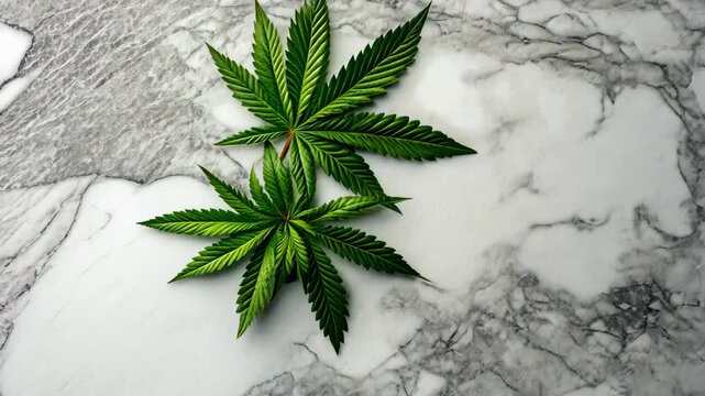 Green cannabis leaves displayed on a marble surface highlighting their texture and vibrancy