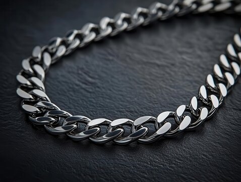 elegant silver chain necklace for men captured in ultra-detailed macro photography, showcasing intricate links and premium craftsmanship on dark luxurious background