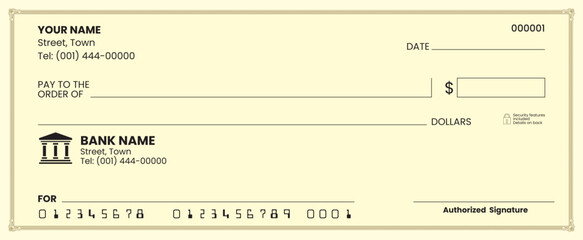 
Blank check template, bank cheque vector, customizable design, printable layout, financial document illustration.