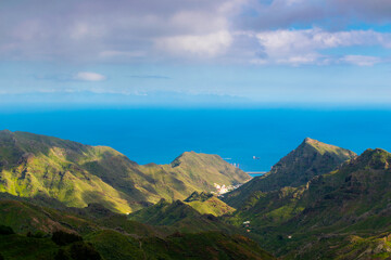 North Tenerife Scenic Landscape, with Mountains, Green Valleys and Clouds, View of Anaga Rural Park, Tenerife, Canary Island, Spain