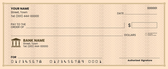 
Blank check template, bank cheque vector, customizable design, printable layout, financial document illustration.