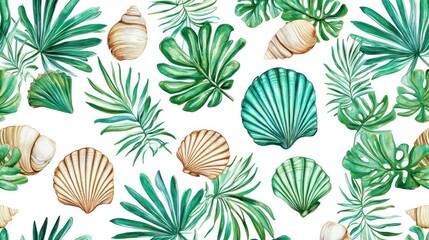 Tropical seamless pattern with shells and palm leaves. (1)