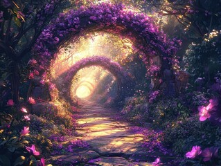 enchanted secret garden with blooming flower archways, magical pathways, and ethereal light in vibrant fantasy digital art illustration