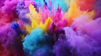vivid explosion of colorful powder bursting in mid-air, creating a mesmerizing display of vibrant hues against a stark white background, evoking a sense of celebration