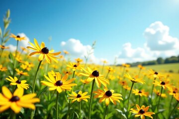Obraz premium A sunny field of daisies and black-eyed Susans dances in the breeze, black eyed susan, meadow