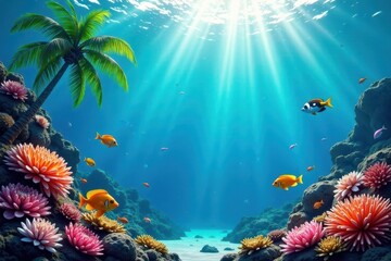 Naklejka premium Tropical sea scenery with diverse marine life, fish, tropical, coral