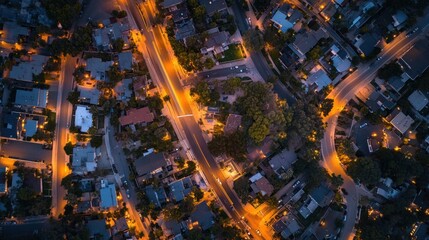 Aerial night view of suburban neighborhood with illuminated streets and houses.