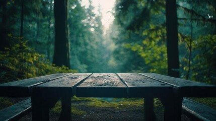 Naklejka premium wooden table set within a serene green forest, surrounded by tall trees and a soft-focus background, inviting a sense of calm and connection with nature