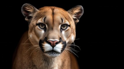 a captivating front view of a panther set against a stark black background, highlighting its powerful presence and fierce beauty, designed for a wildlife art series that celebrates nature's predators