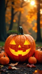 Calabaza decorada con papel de pino y naranjas, pine paper, evening, autumn