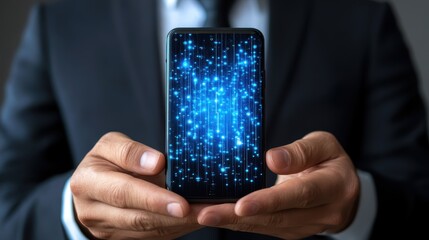 A businessman displays a smartphone with cascading data streams. This visual symbolizes mobile data analysis and real-time information access for business applications.