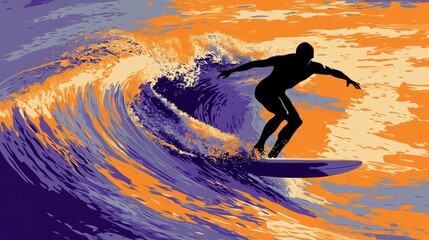 A surfer rides a vibrant wave in this dynamic illustration. Ideal for surf apparel, posters, or social media.