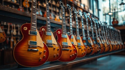 A Row Of Sunburst Electric Guitars On Display