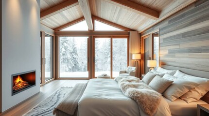 Cozy winter retreat with a beautiful wooden interior and stunning snowy landscape