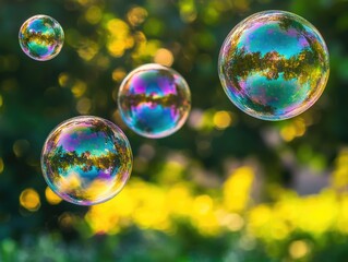 Three Glistening Soap Bubbles Floating Against Sunlight