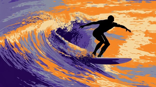 A surfer rides a vibrant wave in this dynamic illustration. Ideal for surf apparel, posters, or social media.