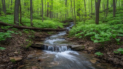 Obraz premium Serene Forest Stream Cascading Through Lush Green Woods