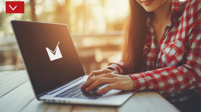 A woman checks her email on a laptop with an email icon displayed. Use this image for email marketing campaigns online communication services or productivity tools.