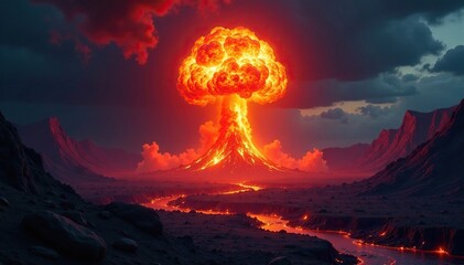 Fiery nuclear blast amidst volcanic landscape, explosion, , lava