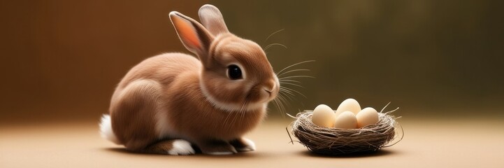 Obraz premium Cute brown rabbit and nest with eggs. Copy space for text banner. Symbol of easter festival animal