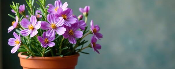 purple flowers and sprigs of rosemary in a terra cotta pot, purple, blossoms