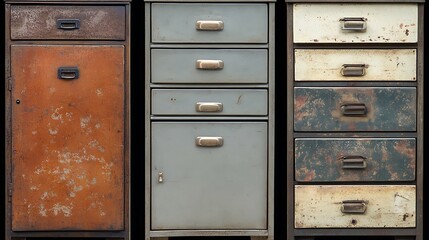 Four vintage metal drawer cabinets on a white background