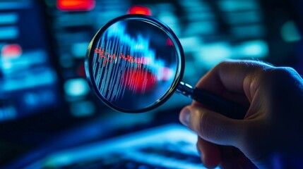 Magnifying glass reveals digital data,  blue and red hues.