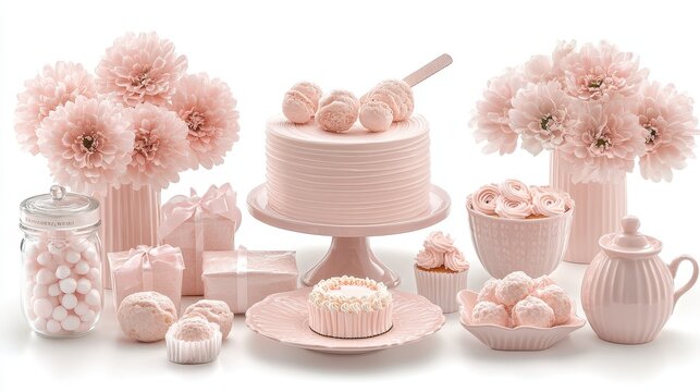 Delicate pink sweets and flowers create a dreamy tablescape. Perfect for birthdays, baby showers, or a feminine touch to any celebration.