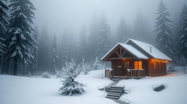 Charming wooden cabin glows warmly amid a serene snowy forest landscape at dusk