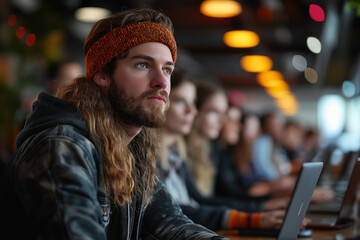 Obraz premium Focused on the Future: A young man with long hair and a headband sits in a modern coworking space, engrossed in his laptop. He is surrounded by other people, all working on their own projects.