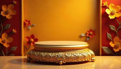 Refined pedestal features intricate carvings with golden motifs against a warm golden floral background, motifs, warm