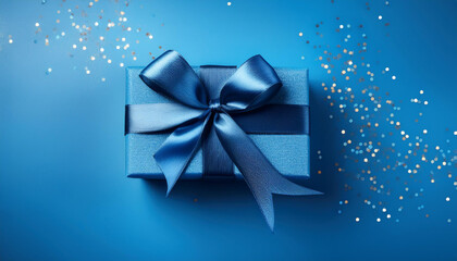 blue present box with blue bow on modern day blue background with little flickers flat lay style