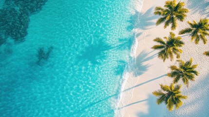 Tropical beach aerial view, turquoise water, palm trees, white sand.