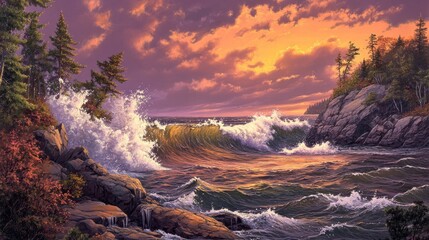 Fototapeta premium Dramatic sunset over rocky coast with crashing waves.