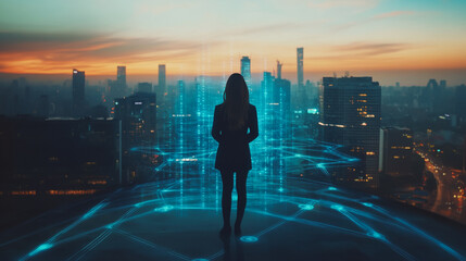 Abstract business woman stands on the peak of success amid tall, innovative Smart city and graphs with statistics to analyze business potential and predict future developments in company growth.